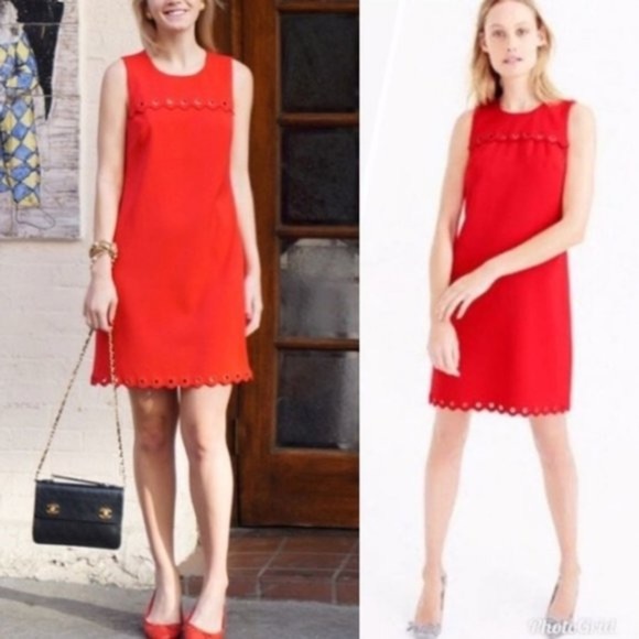 J. CREW DRESS Red Sheath with Scalloped Hem and Bodice with Grommets Size 0 - Picture 2 of 7